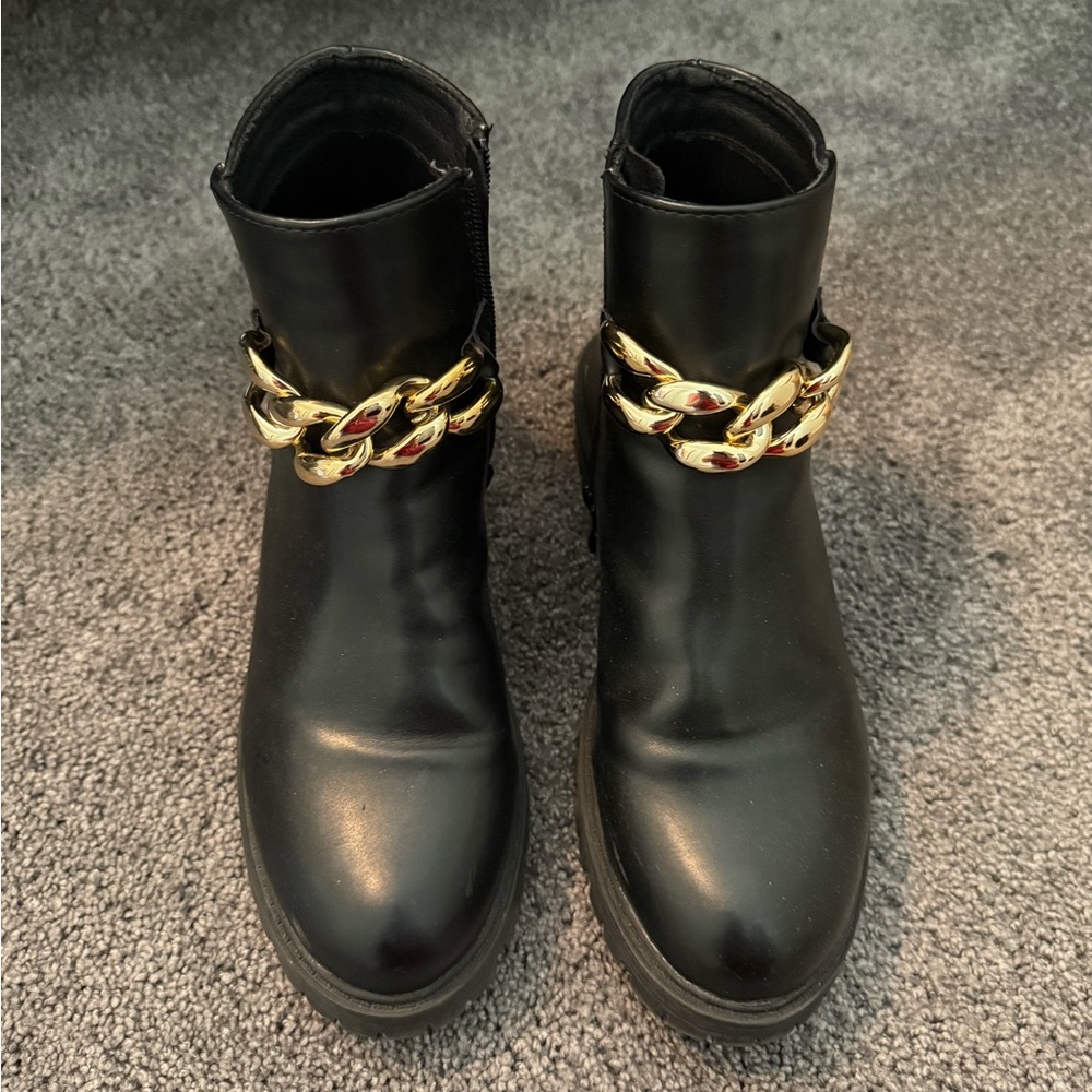 Black Leather Ankle Boots with Gold Chain